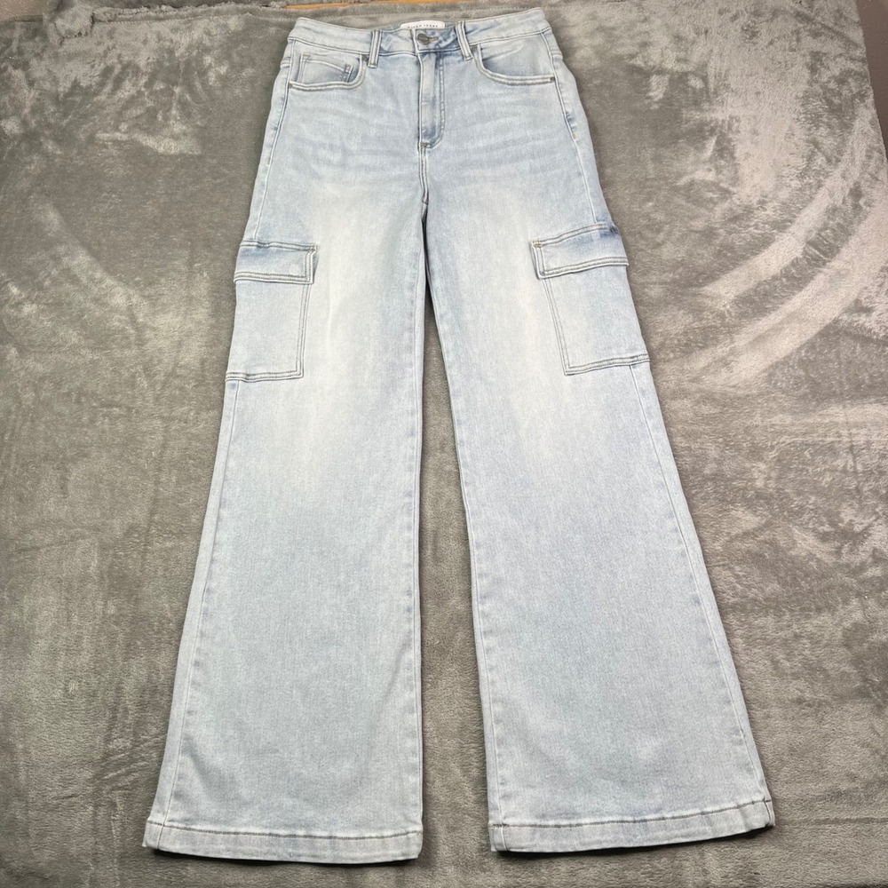 Risen Cargo Jeans Women 11/30 Light Blue Wash Wide Leg High Rise Stretch Utility
